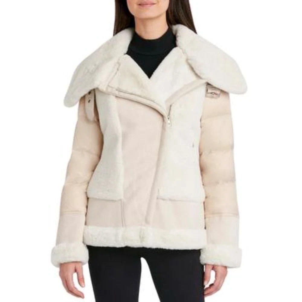 NWT Tahari Faux-Shearling Puffer Coat Women XL Nude Lined Collared Zip MSRP $340